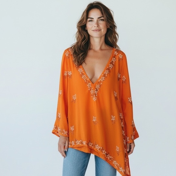 Lew Magram Tops - Vintage boho orange and white